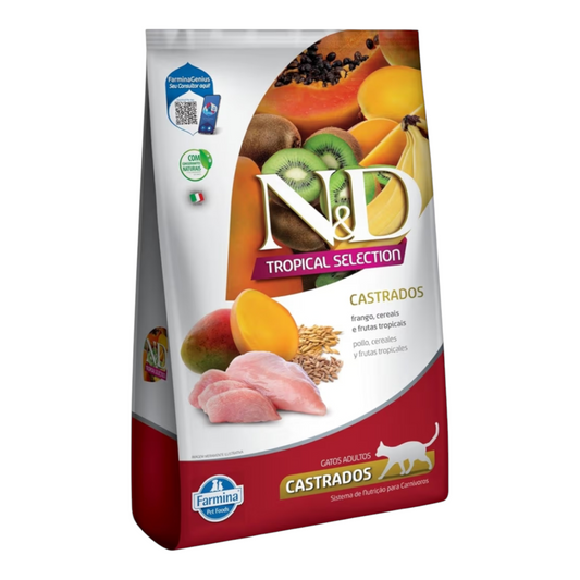 Ração ND Tropical para Gatos Adultos castrado Sabor Frango, Cereais e Frutas Tropicais. 1,5kg